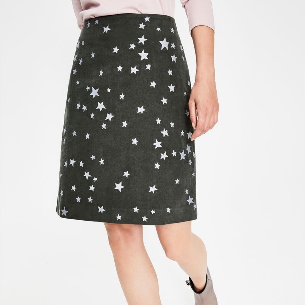 Boden Tilda Embroidered Skirt, Green with White Stars, US 6 | UK 10